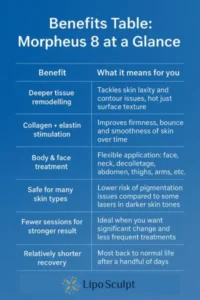 How Often Can I have Morpheus 8? 3 Table showing the benefits of Morpheus 8 treatment from Lipo Sculpt Maldon